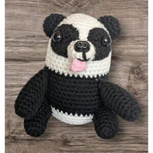Crochet Panda Toy Handmade Plush Tongue Out Bear Amigurumi Stuffed Animal Odd 6"